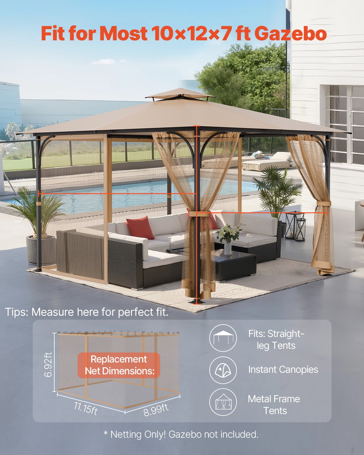 VEVOR Gazebo Netting Replacement, Fit Most 10 x 12 x 7 FT Gazebo Curtain, (Netting Only),-$45