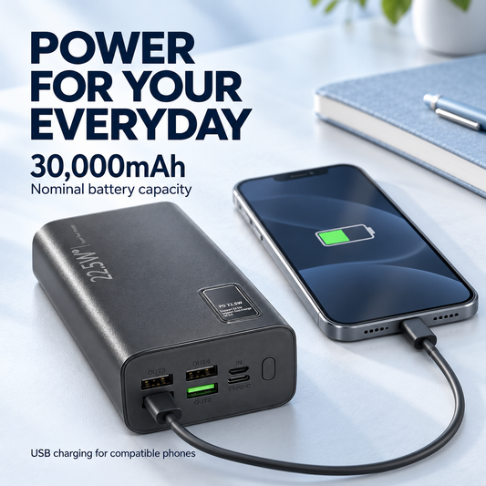 Brand New 30000mAh Power Bank, 22.5W PD+QC3.0 Fast Charge, 5-Port Portable Battery Pack -$30