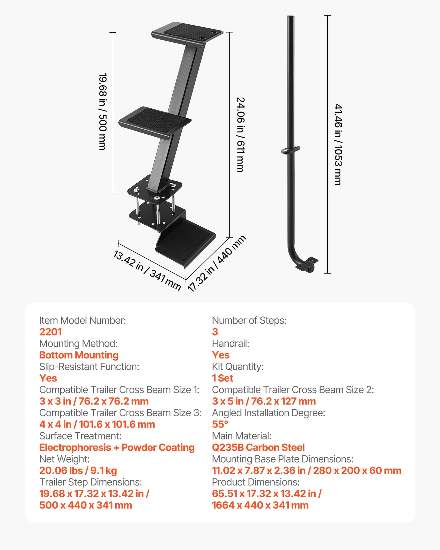VEVOR Boat Trailer Steps, 3-Step, Heavy-Duty Boat Trailer Steps with Handle, Non-Slip Surface,-$75