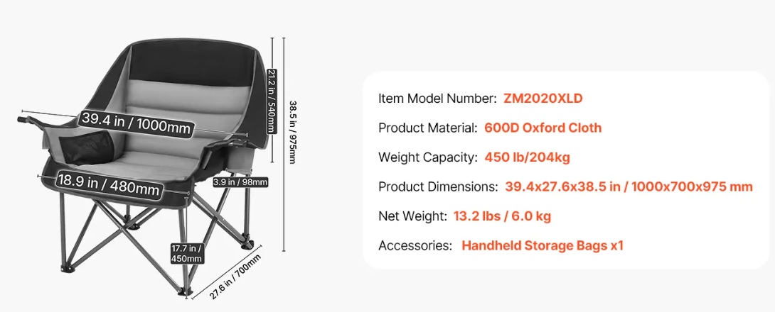 VEVOR Oversized Portable Padded Folding Camping Chairs,450lbs Heavy Duty Support,with Dual Cup Holders & Wine Glass Holders,1 Pack