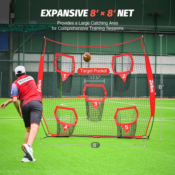BNIB-8 x 8 ft Red Football Throwing Net, Quarterback Training Equipment with 5 Target Pockets,-$115