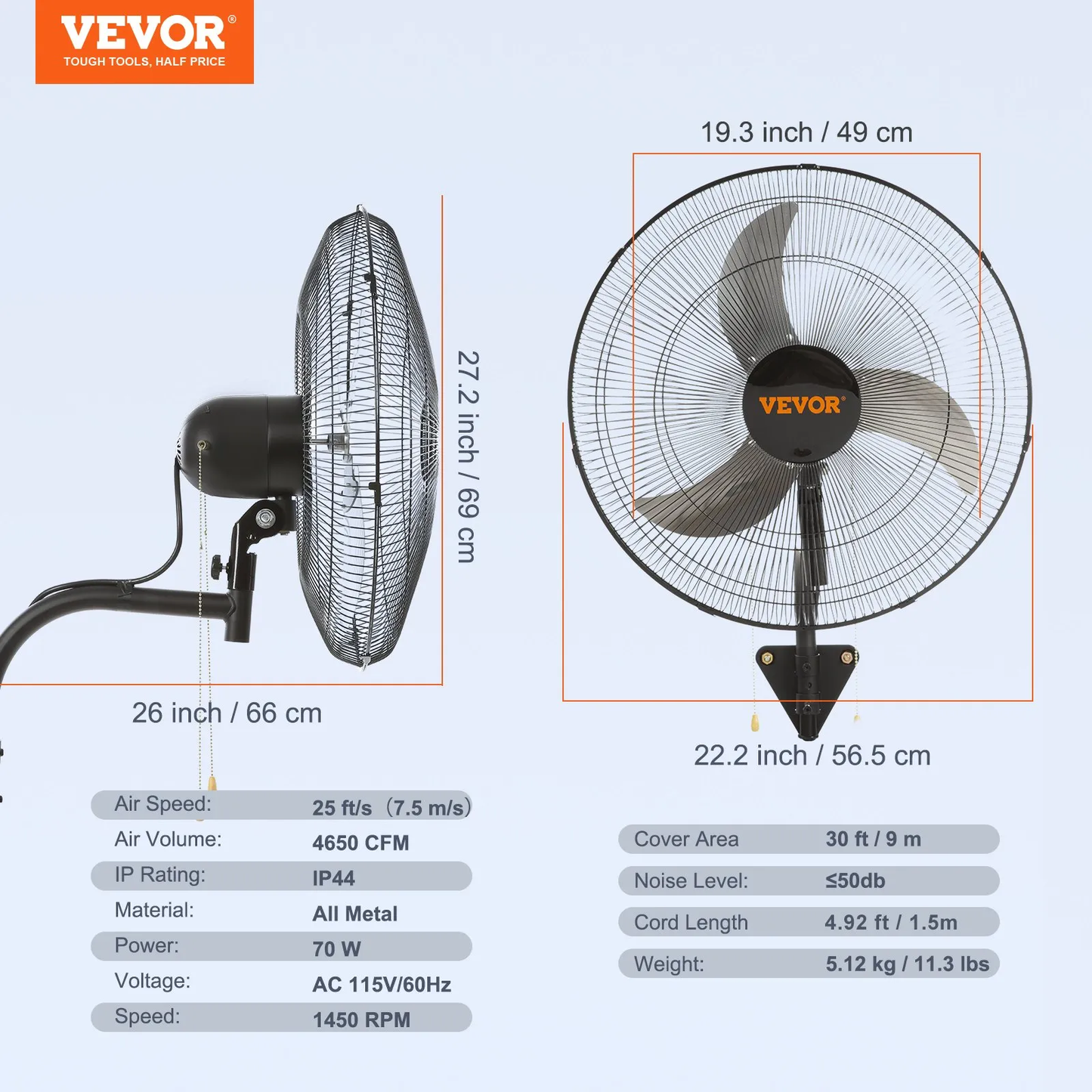 VEVOR Wall Mount Fan, 20 Inch, 3-speed High Velocity Max. 4650 CFM Oscillating Industrial Wall Fan,-$80