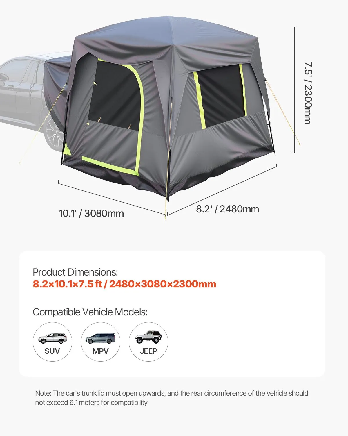 VEVOR SUV Tent for Camping, 10FT L x 8FT W, Waterproof PU2000mm Spacious Double Layer,-$230