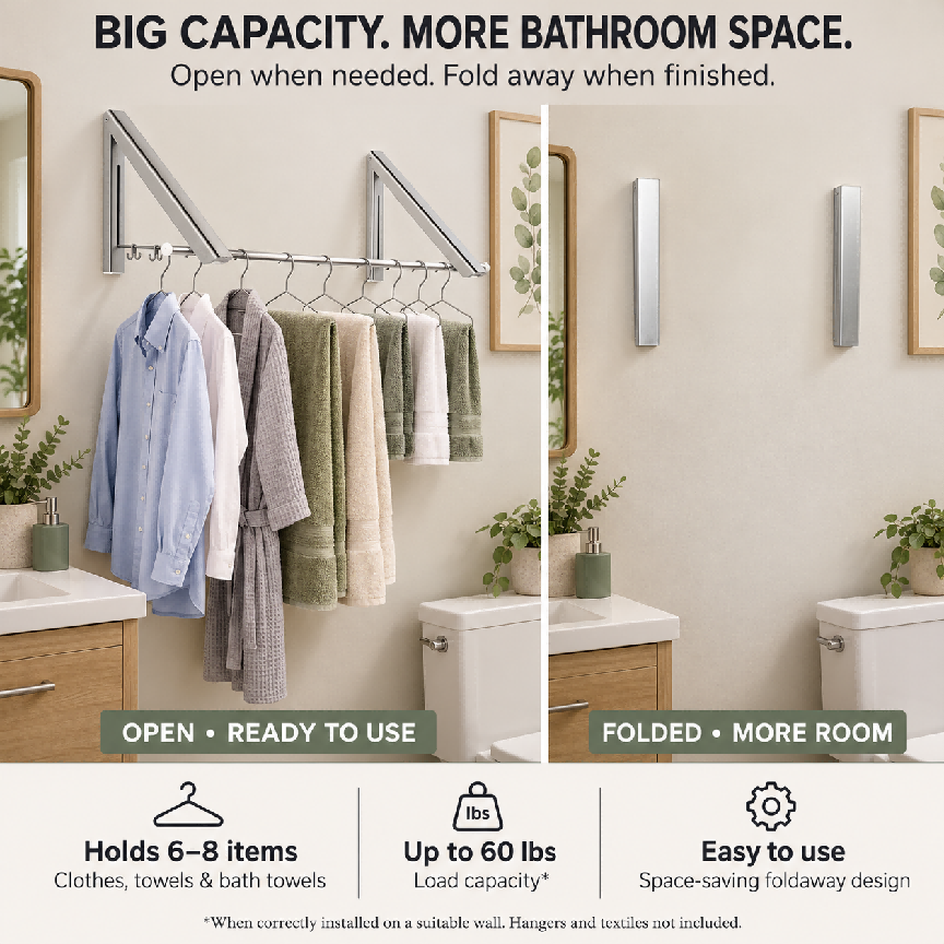 Folding Wall Mounted Clothes Hanger/Clothes Hanging System for Space Saving * 2 Packs
