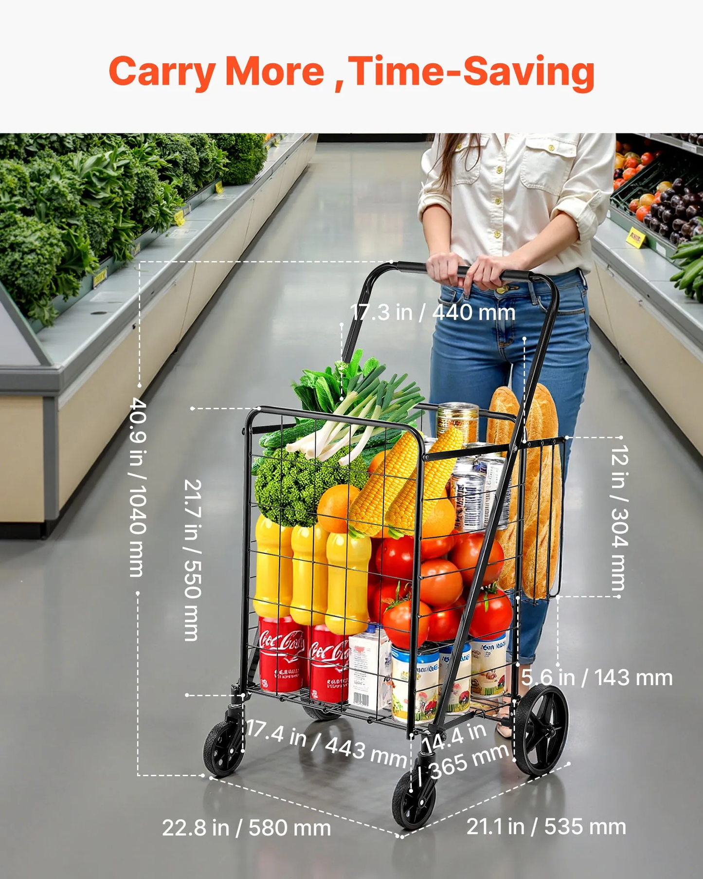 VEVOR Folding Shopping Cart, Jumbo Grocery Cart with Double Baskets, 360° Swivel Wheels, -$45
