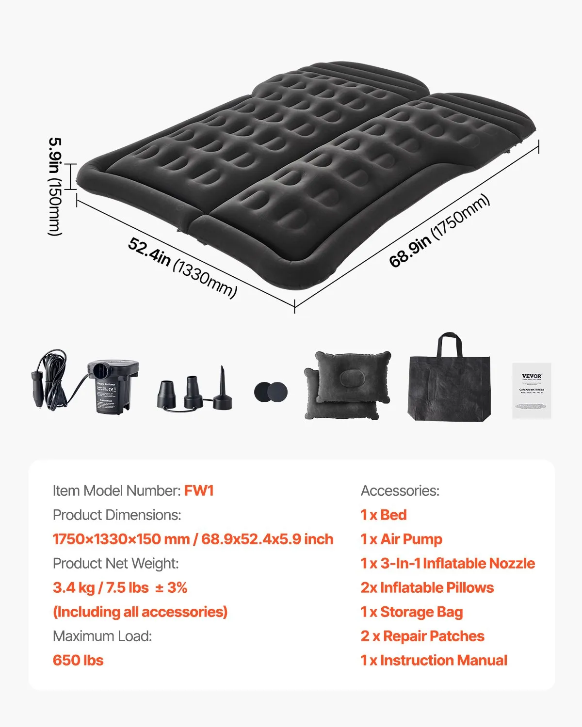 VEVOR Car Air Mattress, Inflatable Car Camping Mattress, Flocking Thickened Travel Beds,-$40