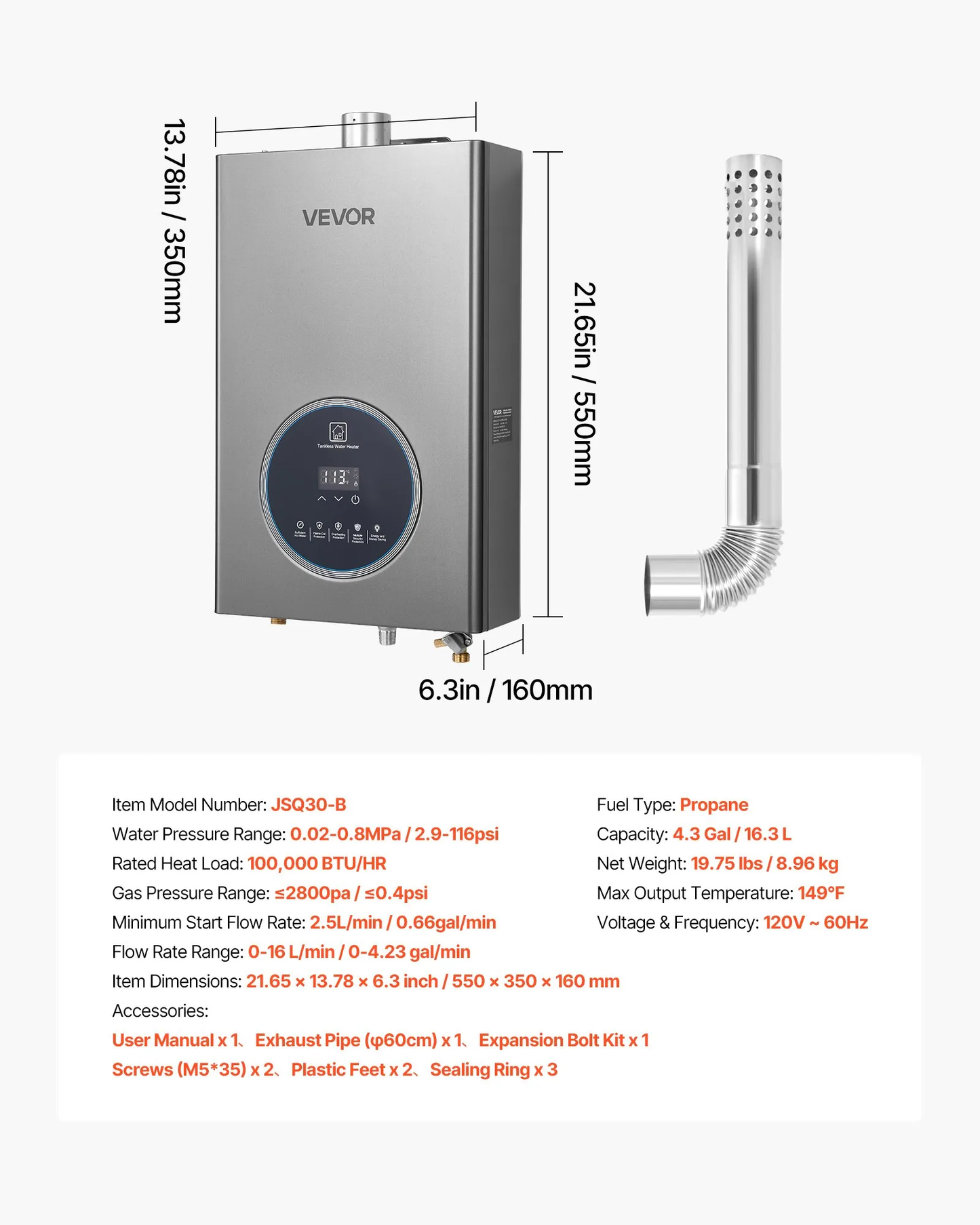 VEVOR Propane Tankless Water Heater, 4.3Gal Indoor 100000 BTU Instant Hot Water Heater,-$150