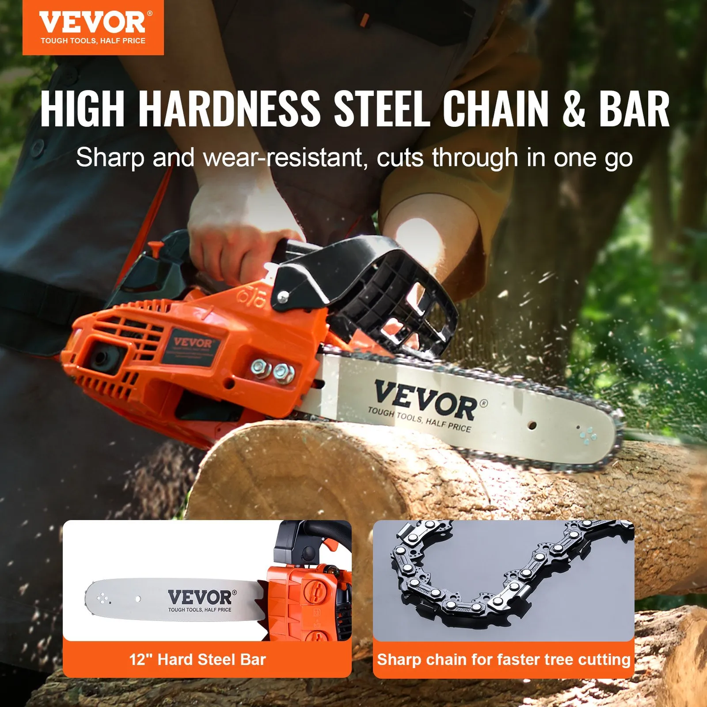 VEVOR Gas Chainsaw, 25.4CC 12" 1.2HP, Gasoline Powered Chain Saw, Handheld Cordless,-$80