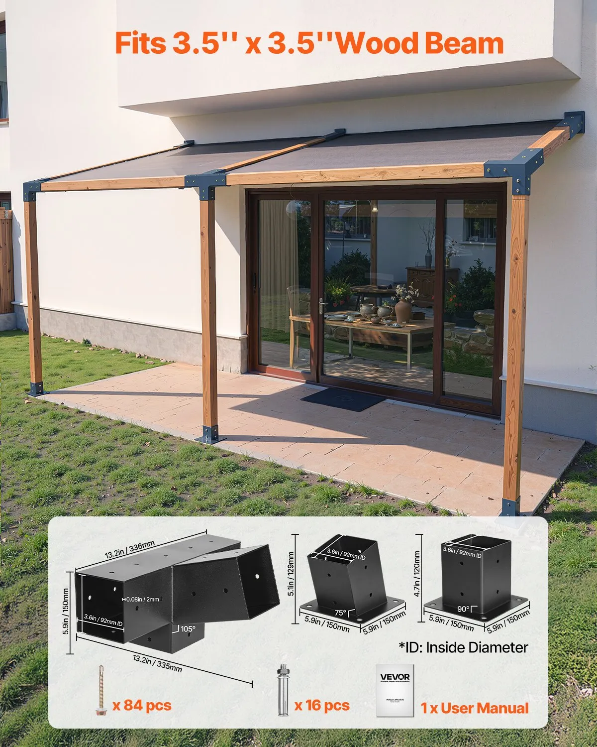 VEVOR Pergola Kit, 4x4 Inch 4-Way Slanted Bracket for 3.5x3.5 Inch Wood Beams in Actual Size,-$35