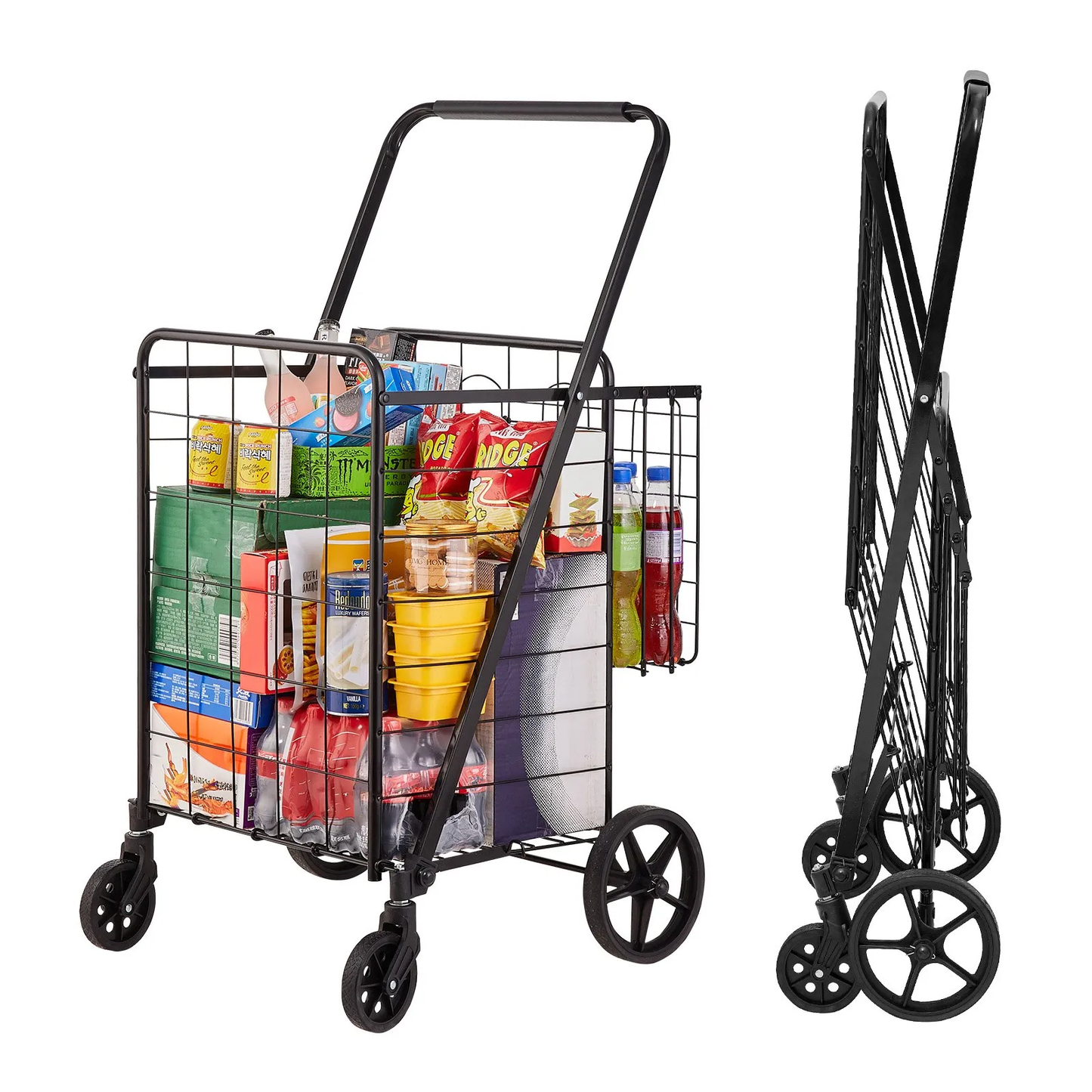VEVOR Folding Shopping Cart, Jumbo Grocery Cart with Double Baskets, 360° Swivel Wheels, -$45