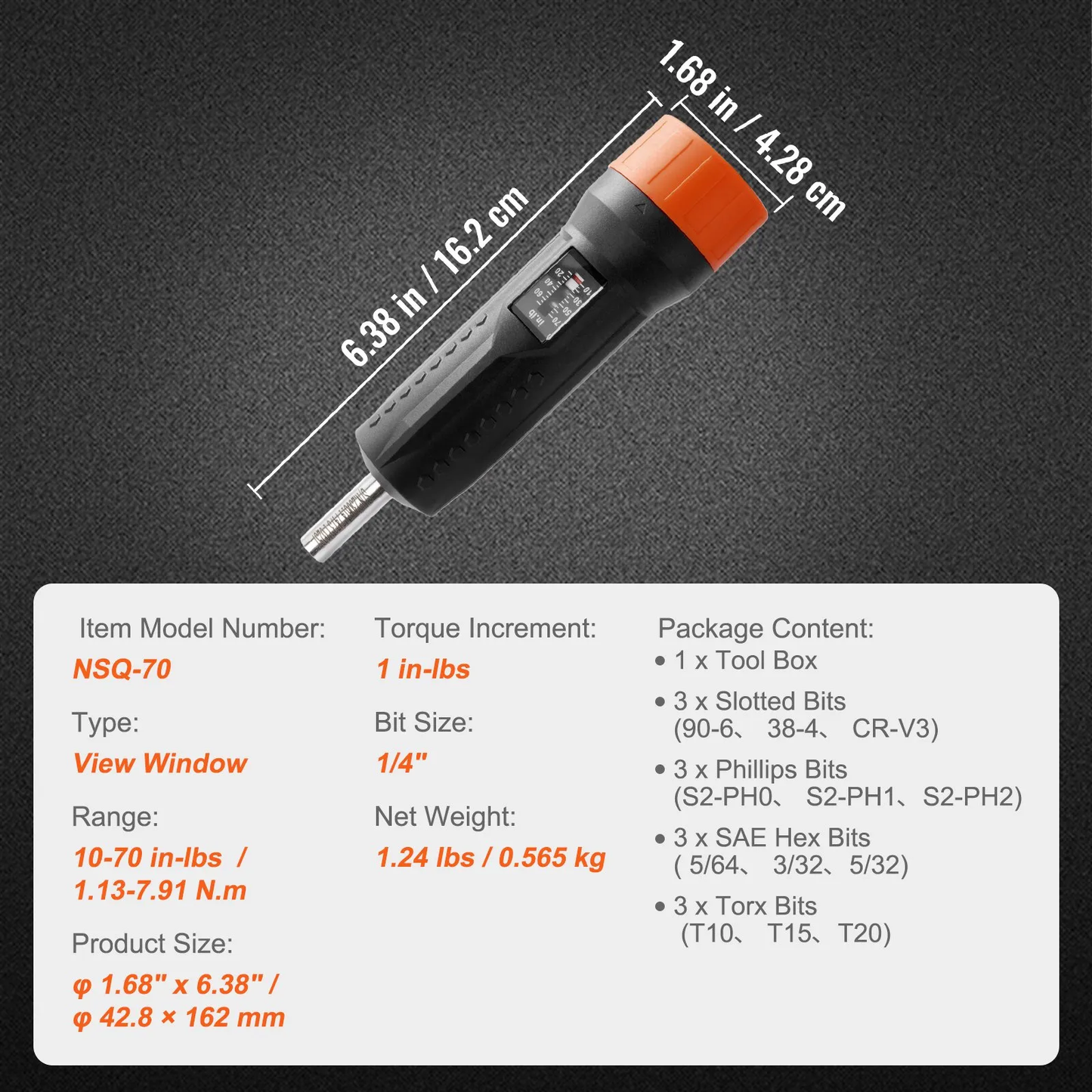 VEVOR 1/4" Drive Torque Screwdriver Wrench Set | 10-70 in-lbs Torque Adjustment Range | 1 in-lb Increment,-$45