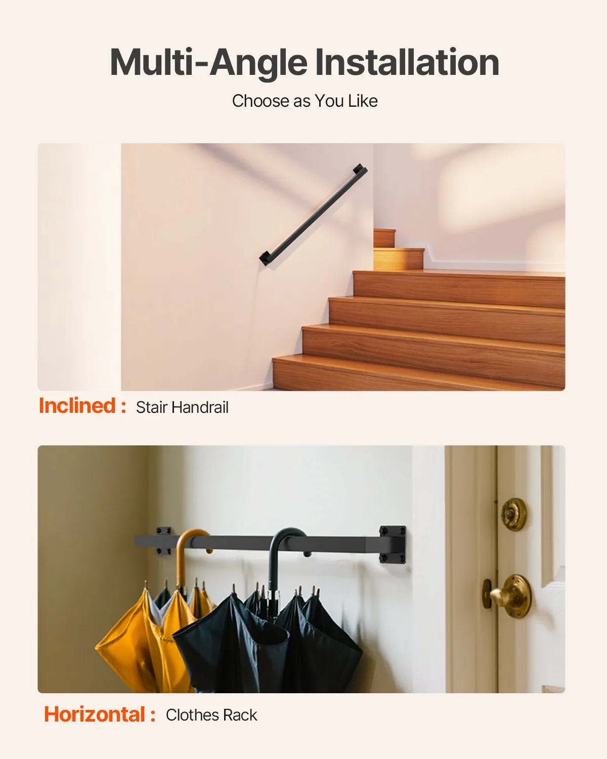 VEVOR Wall Mounted Stair Handrail, 3ft Black Iron Staircase Handrail Indoor, 250lbs Load Capacity,-$20