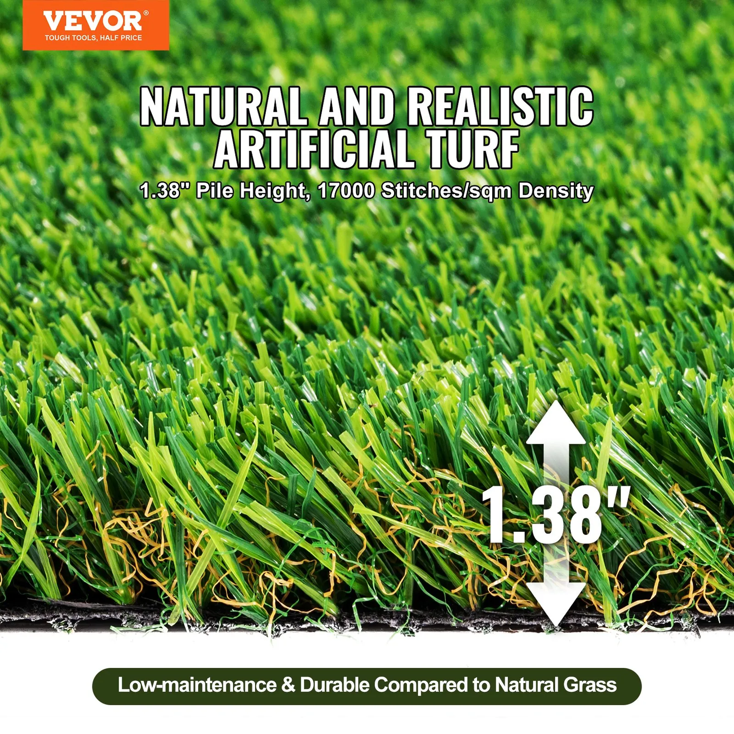 VEVOR Artifical Grass, 5 x 10 ft Rug Green Turf, 1.38"Fake Door Mat Outdoor Patio Lawn Decoration, -$65