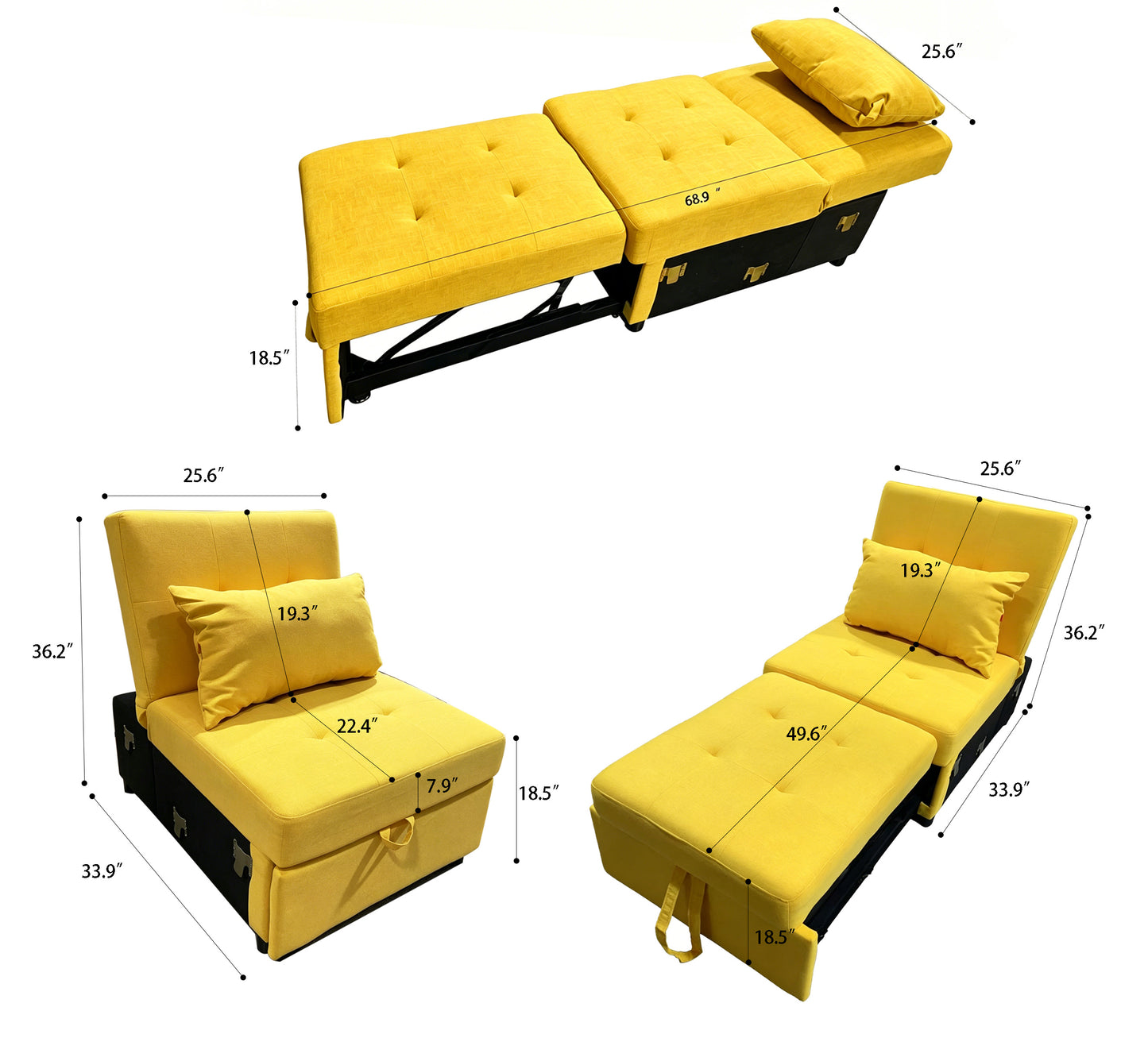 Brand New Assemble POVISON Chair Bed Sleeper, 3-in-1 Convertible Sofa Chair W/ Adj Backrest(Yellow),-$500/pair