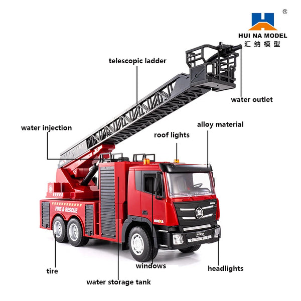BNIB-Huina 1361 2.4GHz 9-Channel RC Fire Truck with Rechargeable Battery, Water Spray, Sound & Light Effects