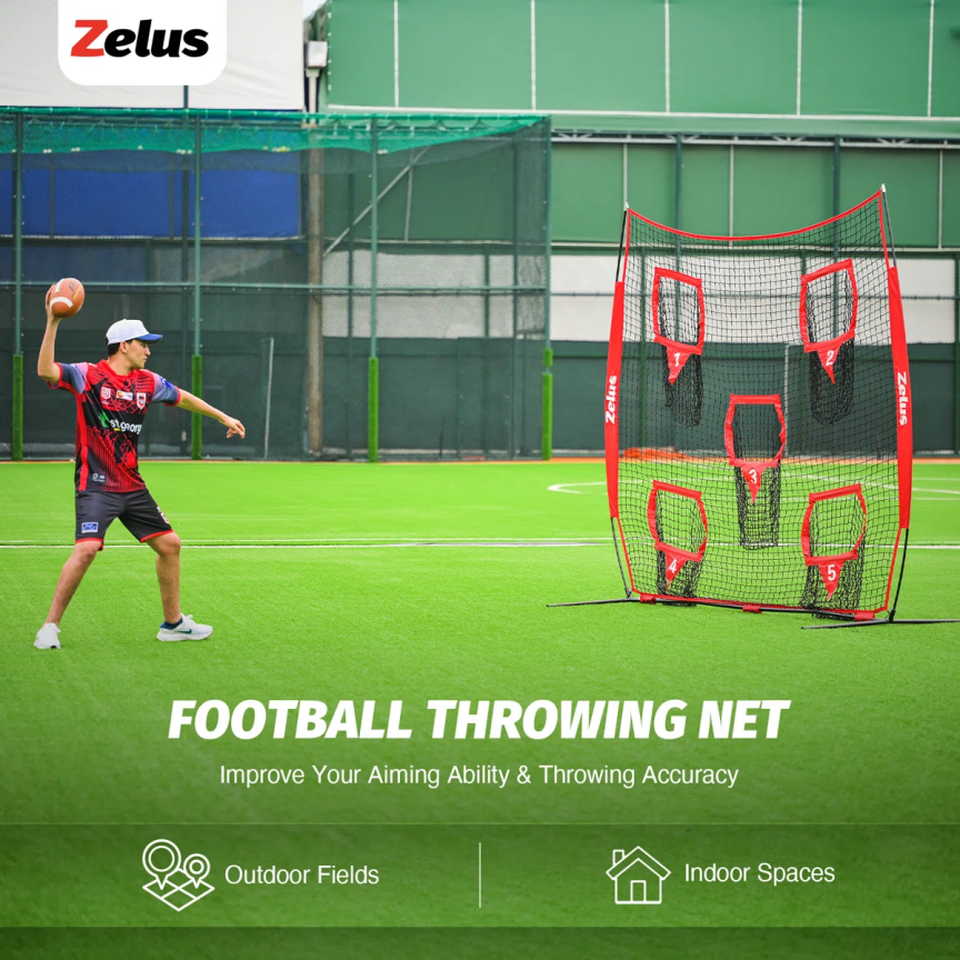 BNIB-8 x 8 ft Red Football Throwing Net, Quarterback Training Equipment with 5 Target Pockets,-$115