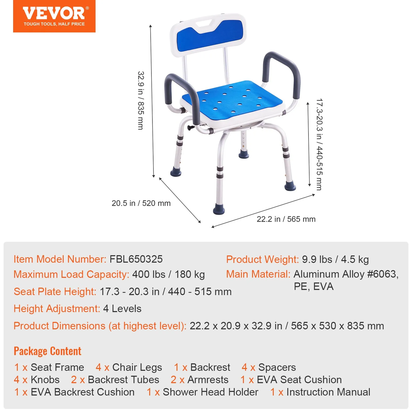 VEVOR Swivel Shower Chair 360 Degree, Adjustable Shower Seat with Armrests and Backrest,-$75