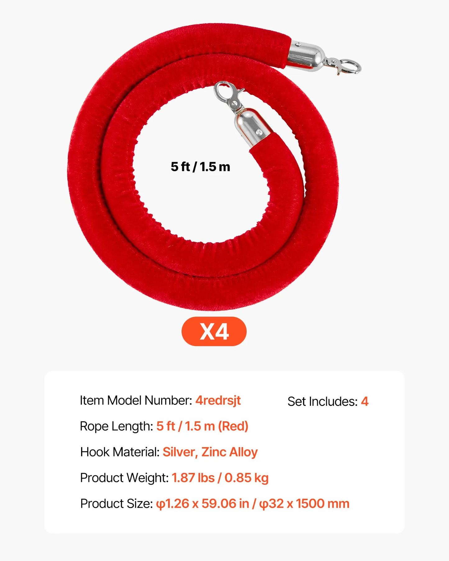 VEVOR 4 Pcs Red Velvet Stanchion Ropes, 5 ft Crowd Control Stanchion Red Velvet Ropes ,-$15