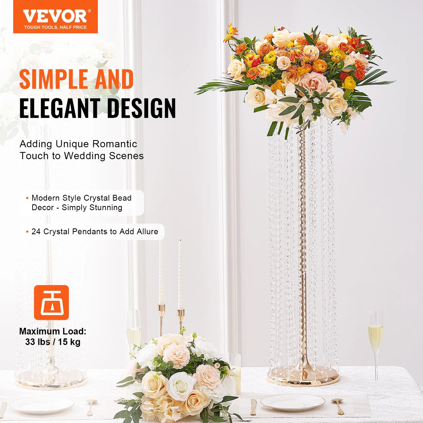 VEVOR 10PCS 35.43inch /90cm Tall Crystal Wedding Flowers Stand, Luxurious Centerpieces,-$130