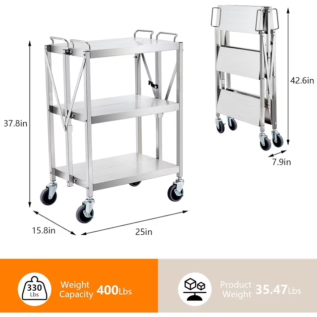 BNIB-Foldable 3 Tier Metal Utility Rolling Cart, 25 x 15.8 x 37.8", 440 lbs Load Capacity, Silver,-$180