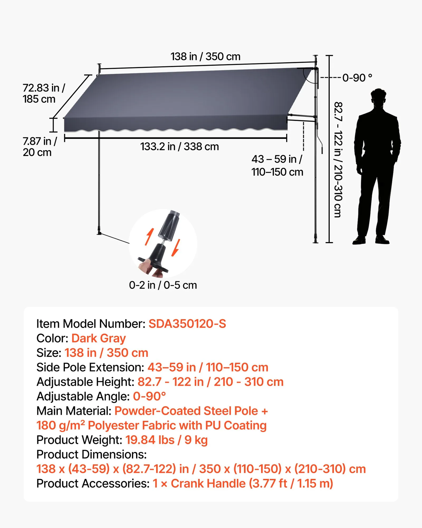 VEVOR Manual Retractable Awning, 138" Outdoor Retractable Patio Awning Sunshade Shelter,-$75