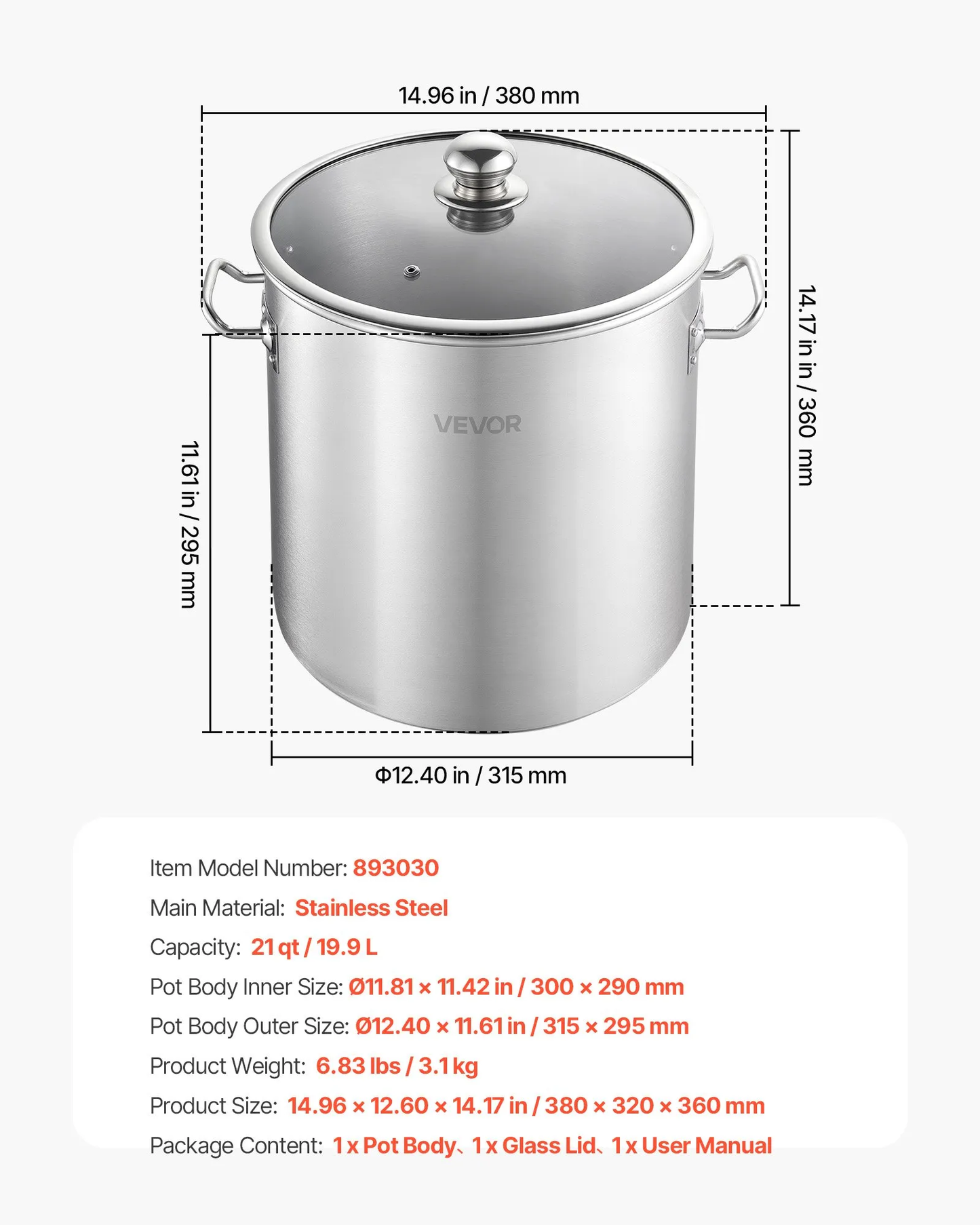 Open box, 90% new VEVOR Stainless Steel Stock Pot, 21-Quart Stainless Steel Stockpot w/Glass Lid,-$35