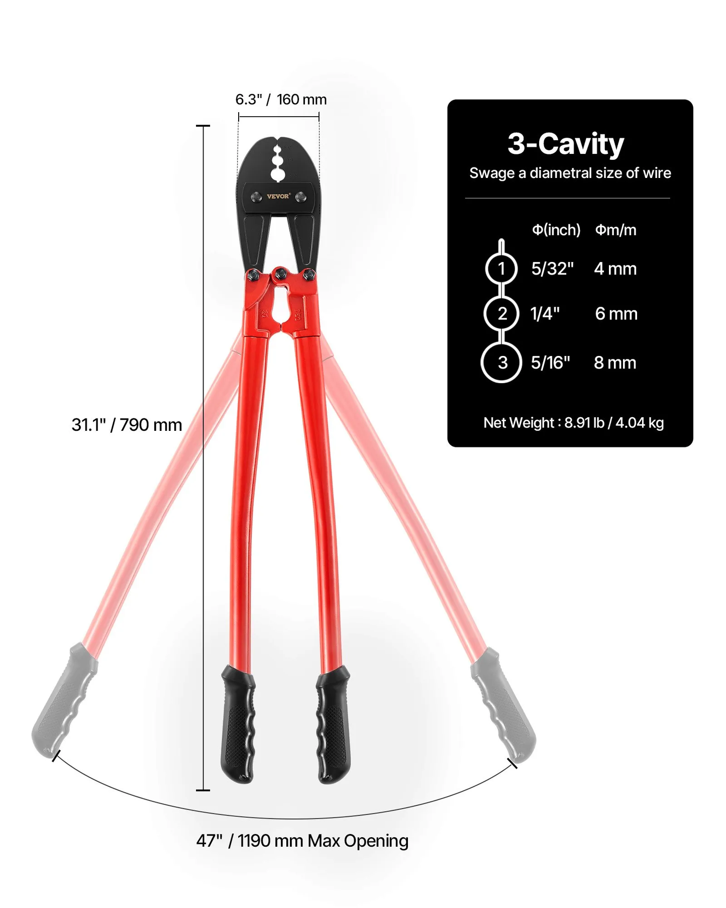 VEVOR 30 Inch Hand Swager Crimper 3 Cavity 5/32 1/4 5/16inch Swaging Tool for Copper Aluminum Oval Sleeves