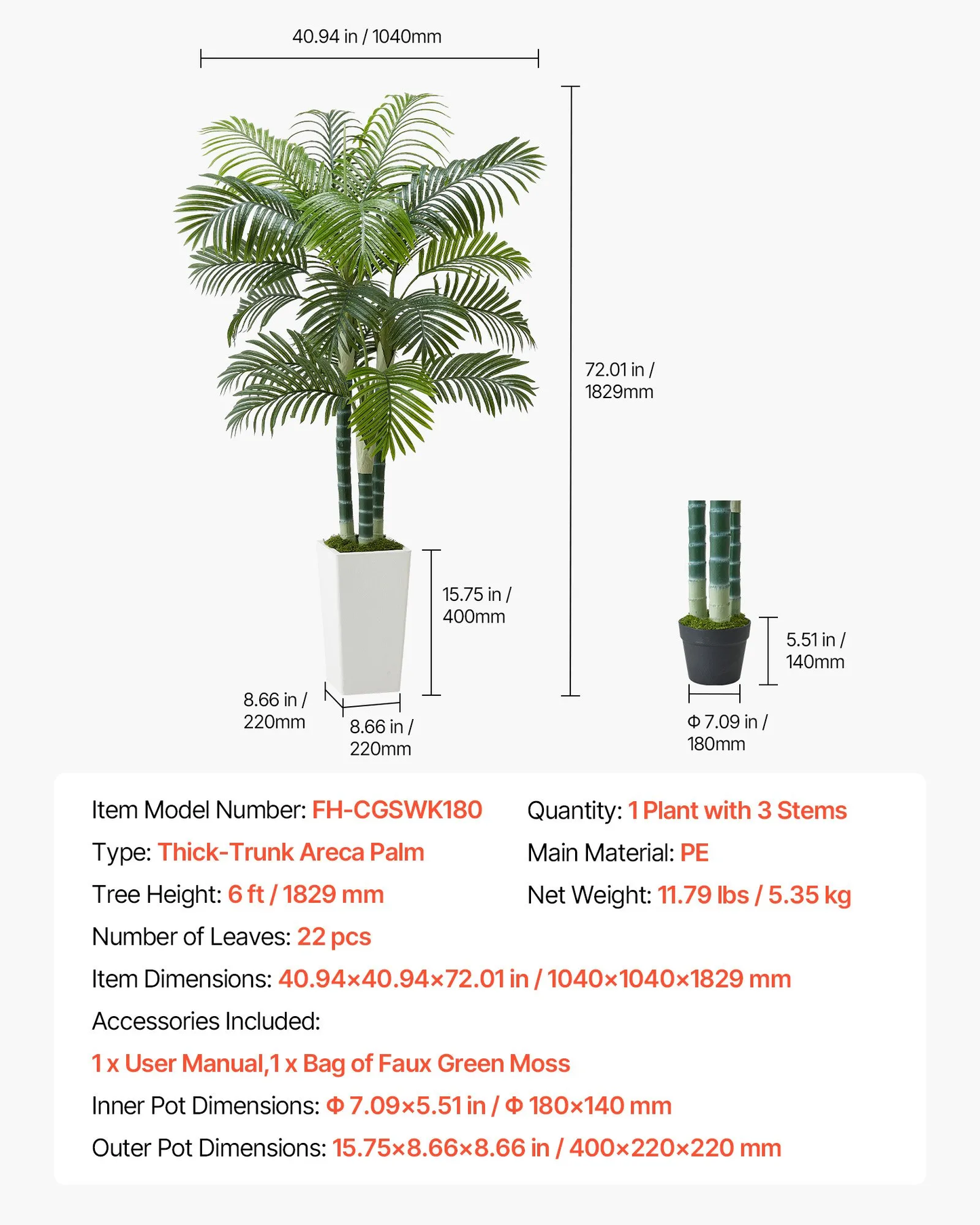 VEVOR Artificial Areca Palm Tree 6 ft, Fake Palm Tropical Plants with White Tall Planter, Faux Floor Silk,-$55