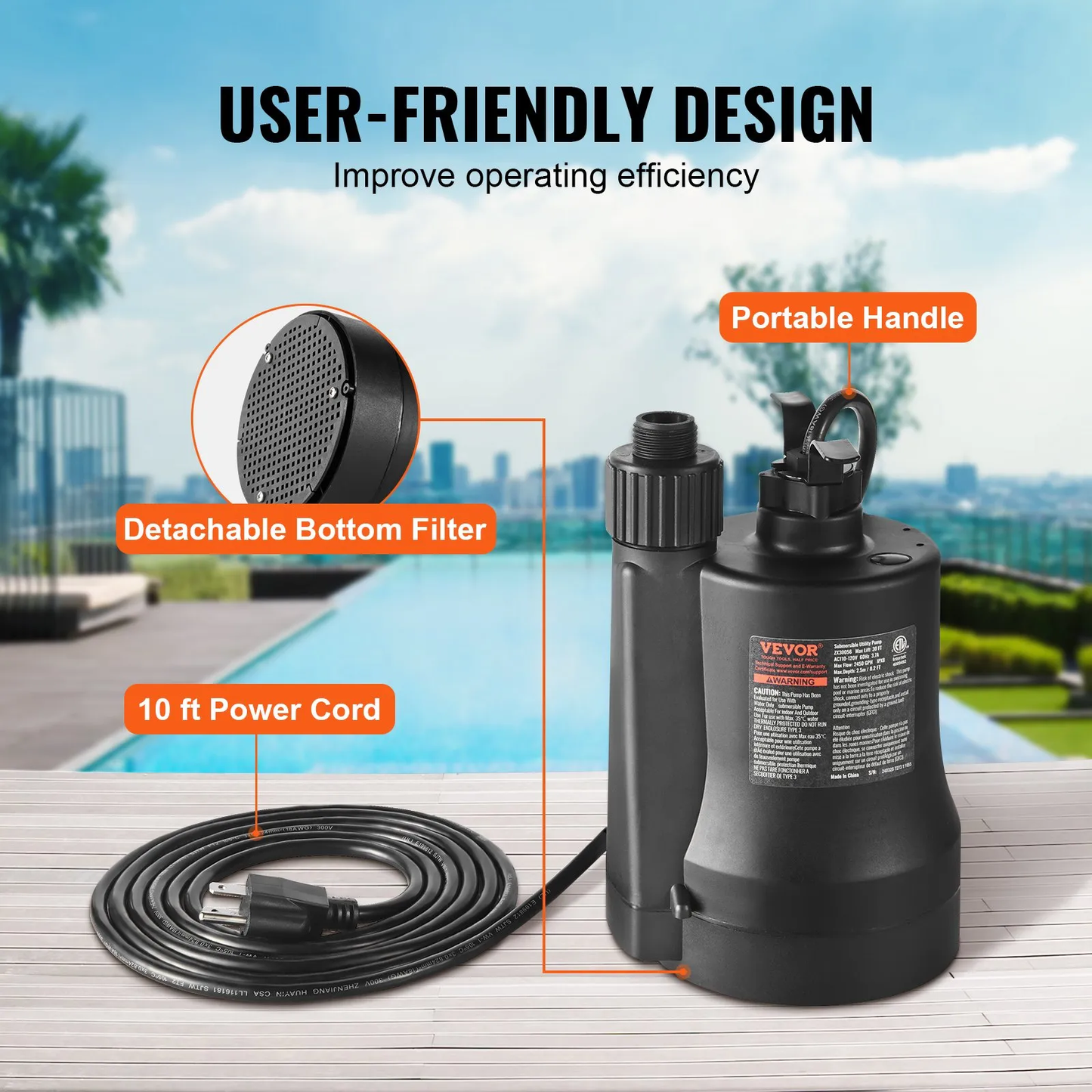 VEVOR Utility Pump, 1/3 HP, 2450 GPH High Flow, 30 ft Head, Sump Pump Submersible Water Pump,-$50