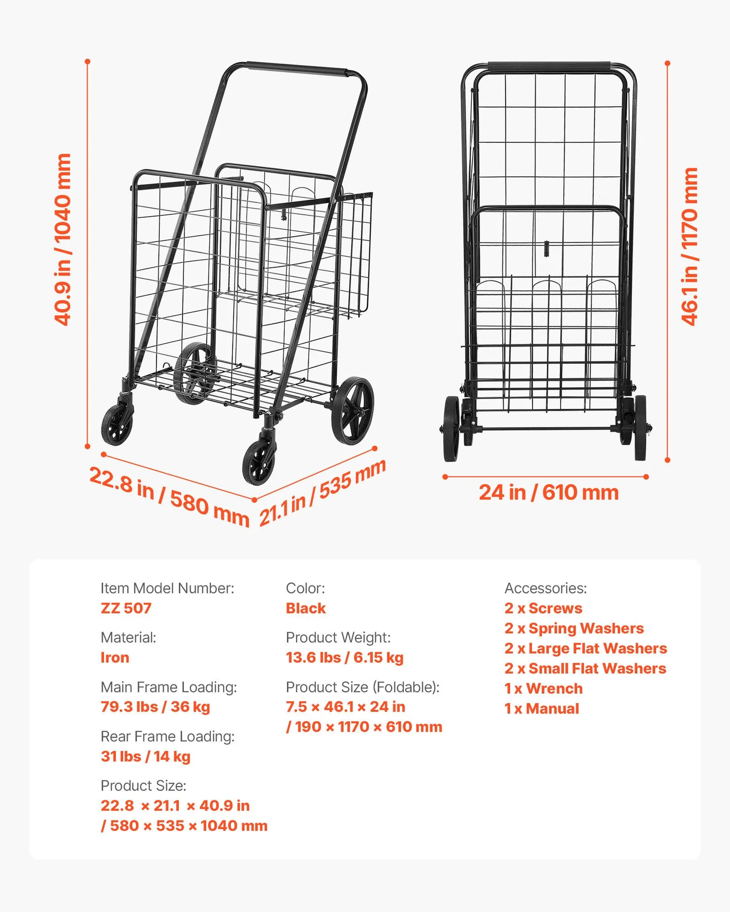 VEVOR Folding Shopping Cart, Jumbo Grocery Cart with Double Baskets, 360° Swivel Wheels, -$45