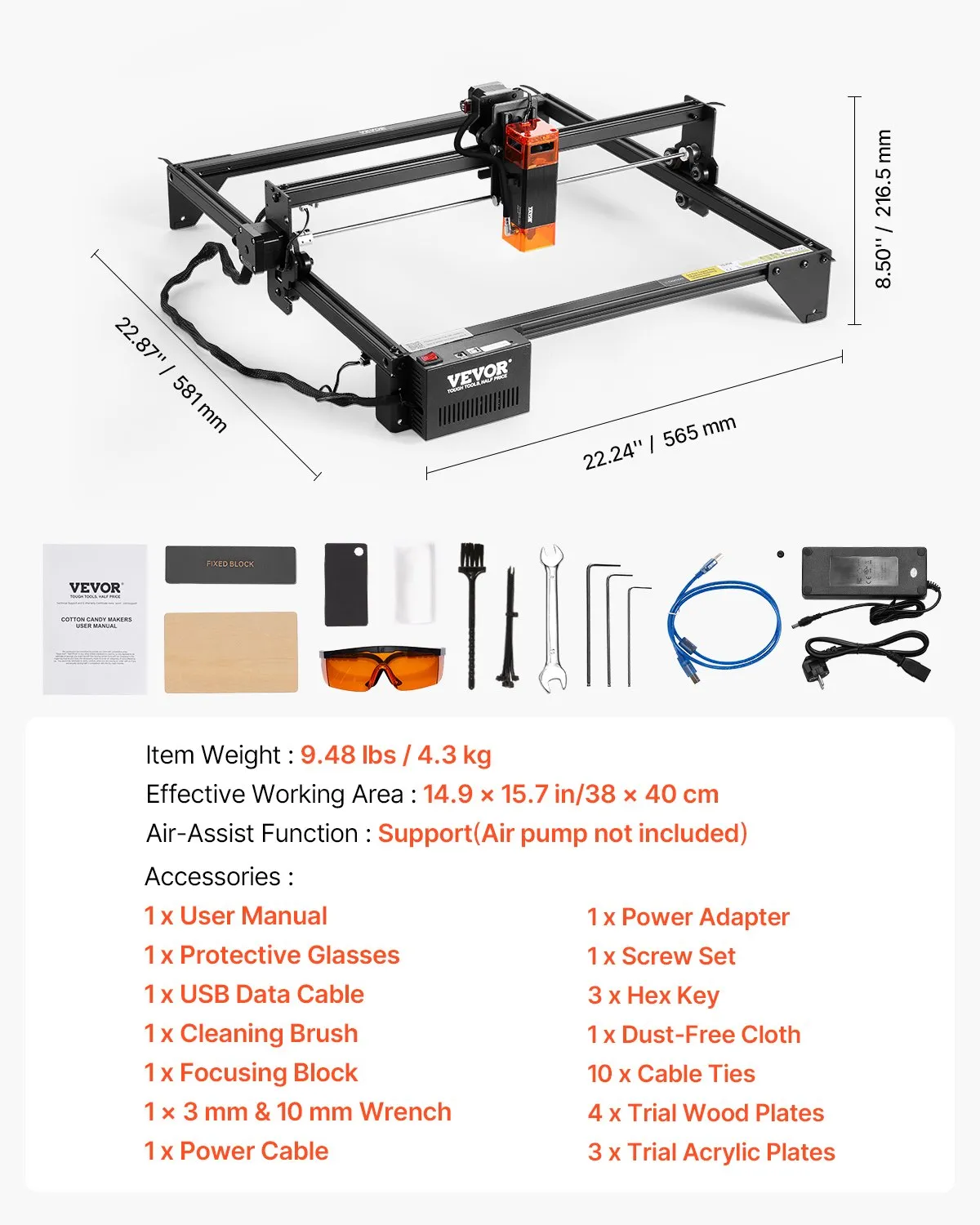 VEVOR Laser Engraver, 5W Output, Laser Engraving Cutter Machine, 14.9 x 15.7 in/38 x 40 cm Working Area,-$180