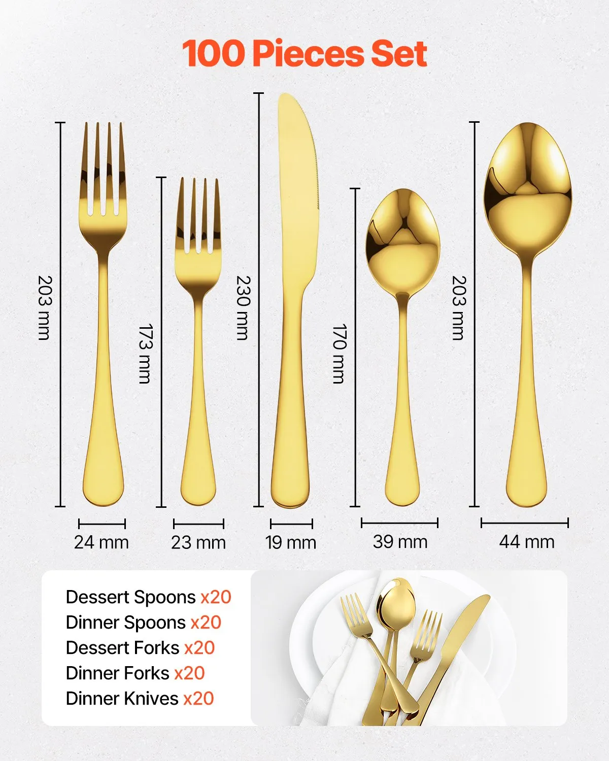 VEVOR 100-Piece Gold Silverware 100 Set, Food-Grade Stainless Steel Flatware Utensils for 20,-$50