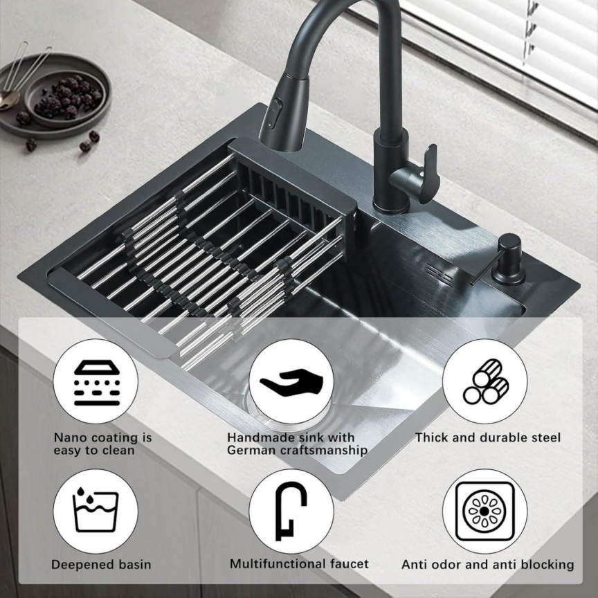 BNIB-Single Bowl Stainless Steel Kitchen  and Multiple Accessories,Black 21.65 x 17.7 x 8.27 in,-$120