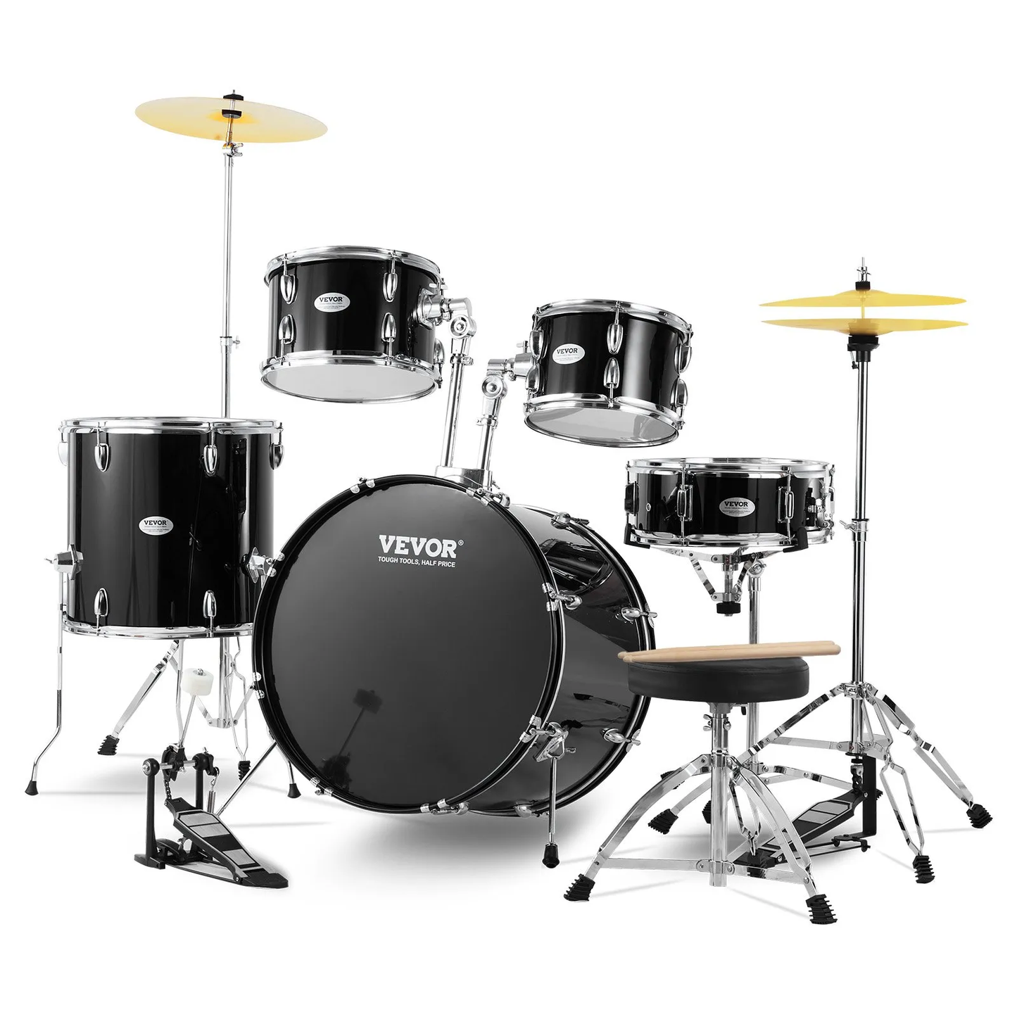 VEVOR Adult Drum Set, 5-Piece, 22 inches Complete Full Size Drum Kit with Bass Toms Snare Floor,-$260
