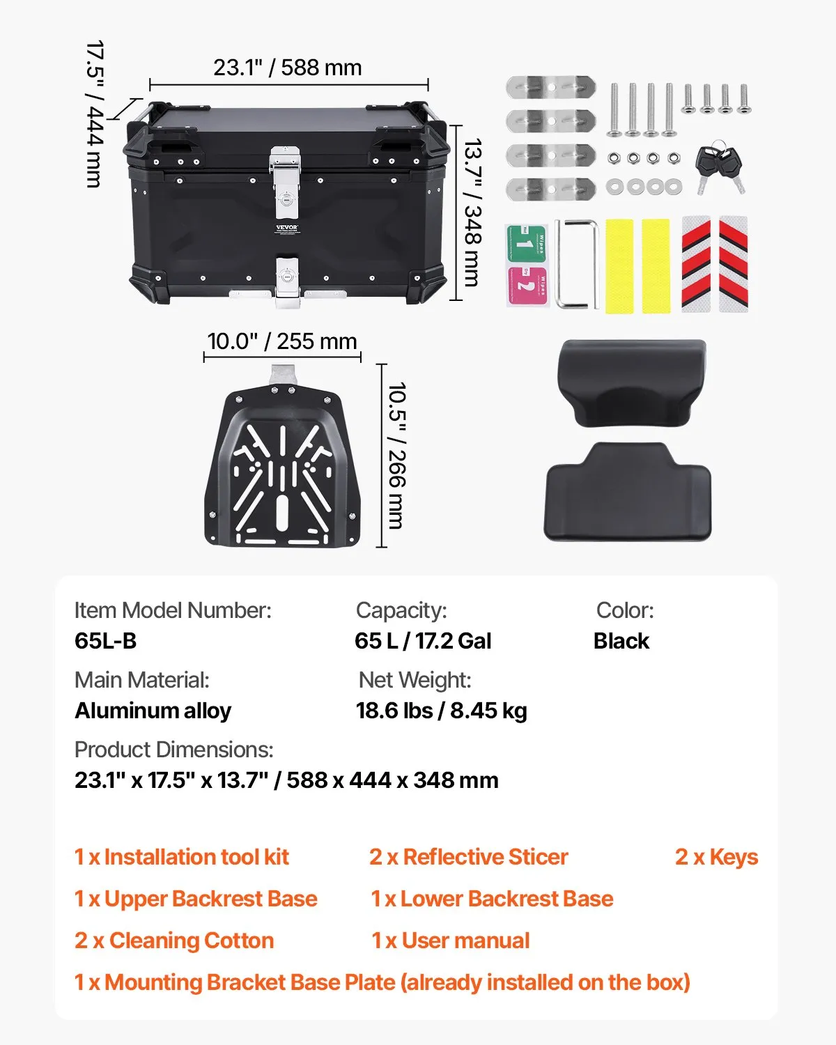 VEVOR Motorcycle Top Case, Universal Aluminum Alloy Motorbike Tail Box with Leather Lining,-$120