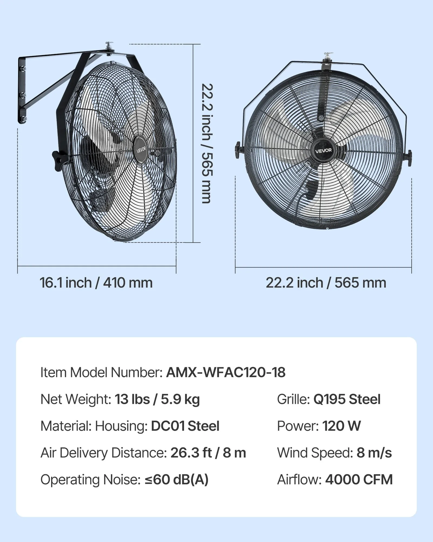VEVOR 18 Inch Industrial Wall Mount Fan, High Velocity 4000 CFM Indoor Fan with 3 Speeds,-$65