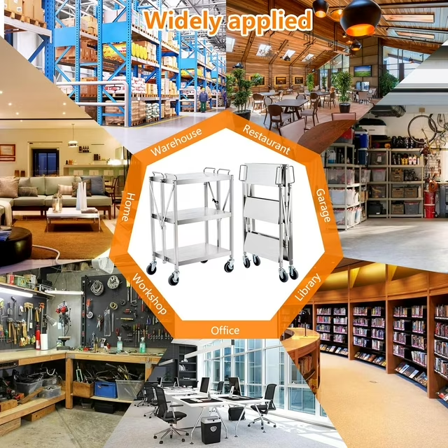 BNIB-Foldable 3 Tier Metal Utility Rolling Cart, 25 x 15.8 x 37.8", 440 lbs Load Capacity, Silver,-$180