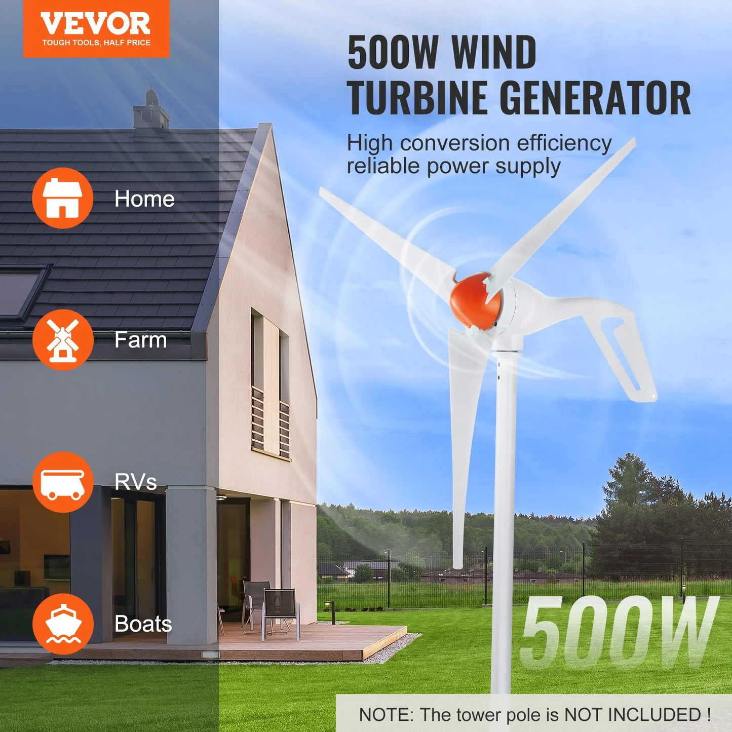 VEVOR 500W Wind Turbine Generator with Anemometer, 12V Wind Turbine Kit, 3-Blade Wind Power,-$115