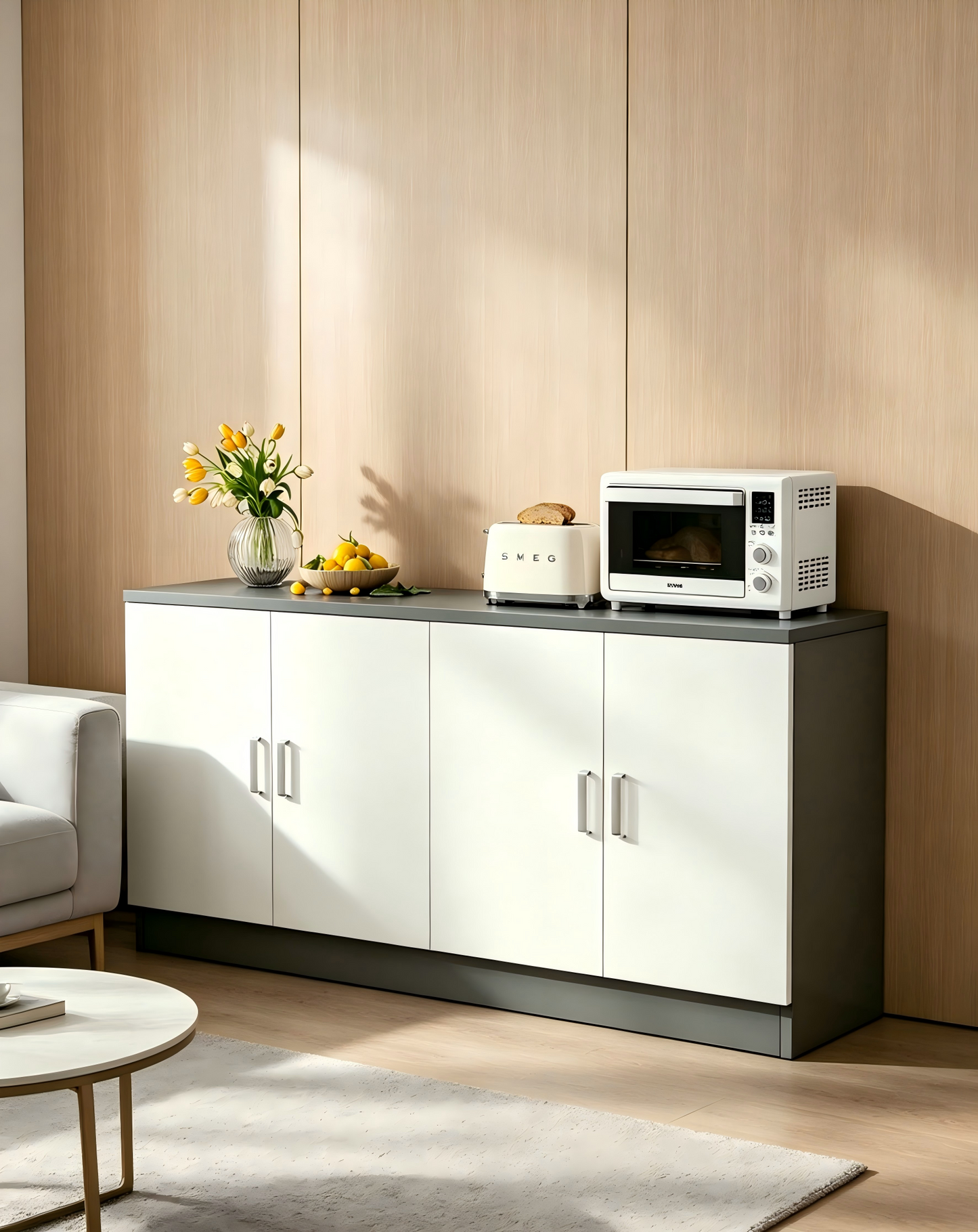 Brand New Assembled 4-door Sideboard Cabinet w/1 Adjustable Shelf, Storage Cupboard (Gray & White),-$160