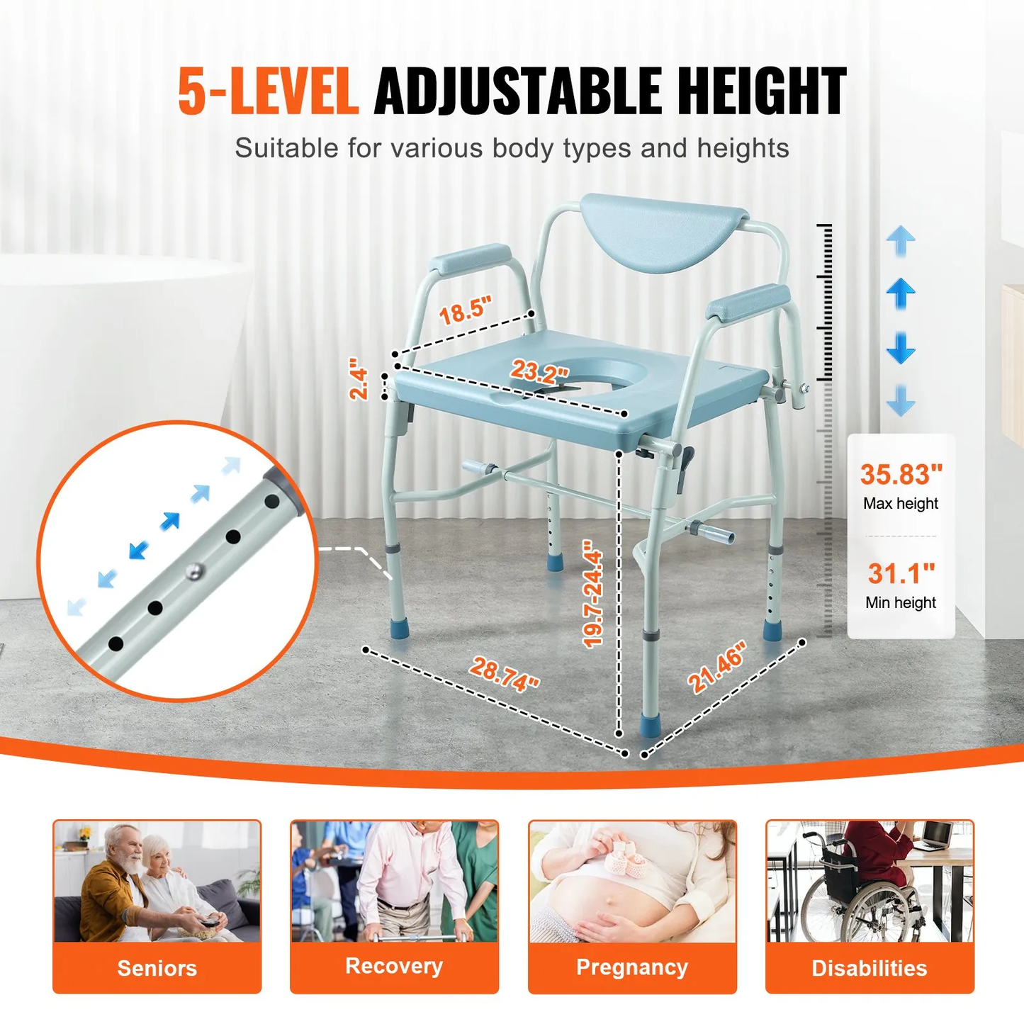 VEVOR Commode Chair, Bedside Commode with Drop-Down Arms and Detachable Backrest,-$80