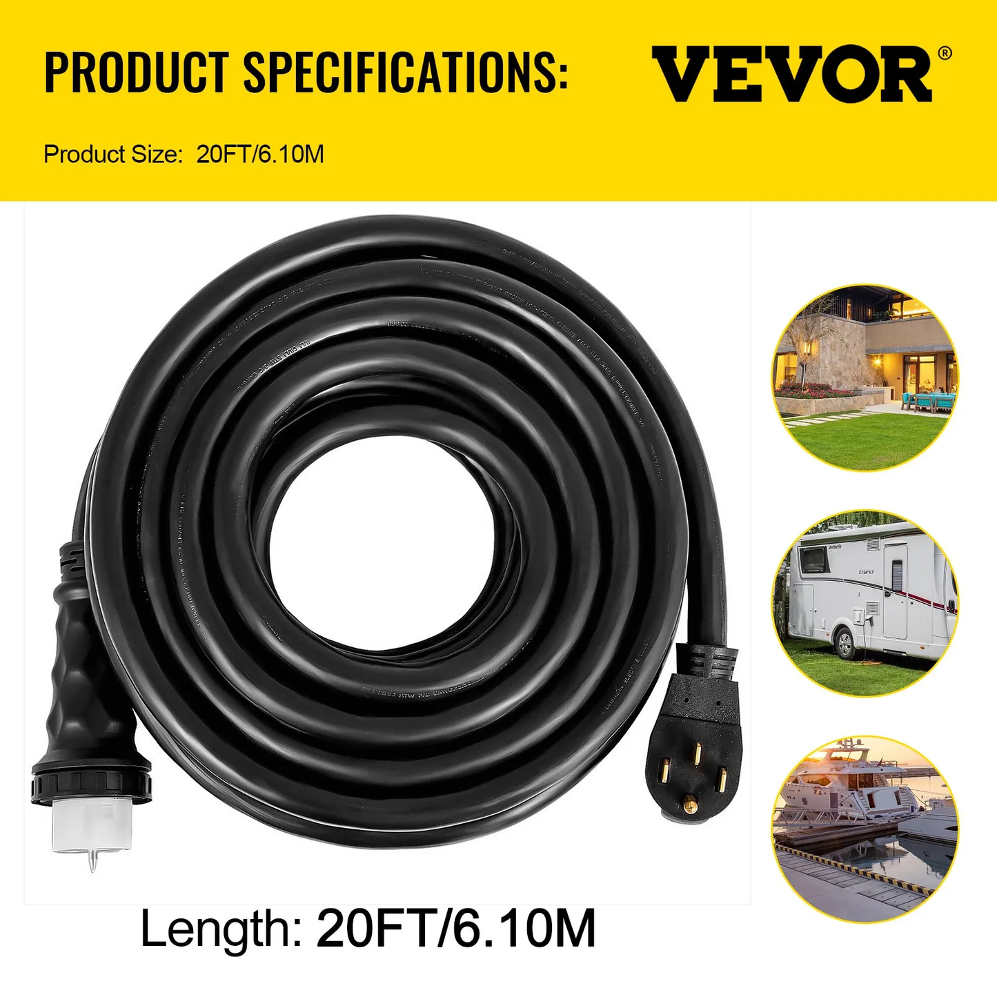 VEVOR 20 FT 50 Amp Generator Cord, STW 6/3 + 8/1 AWG Heavy Duty Extension Cord NEMA 14-50P & SS2-50R,-$90