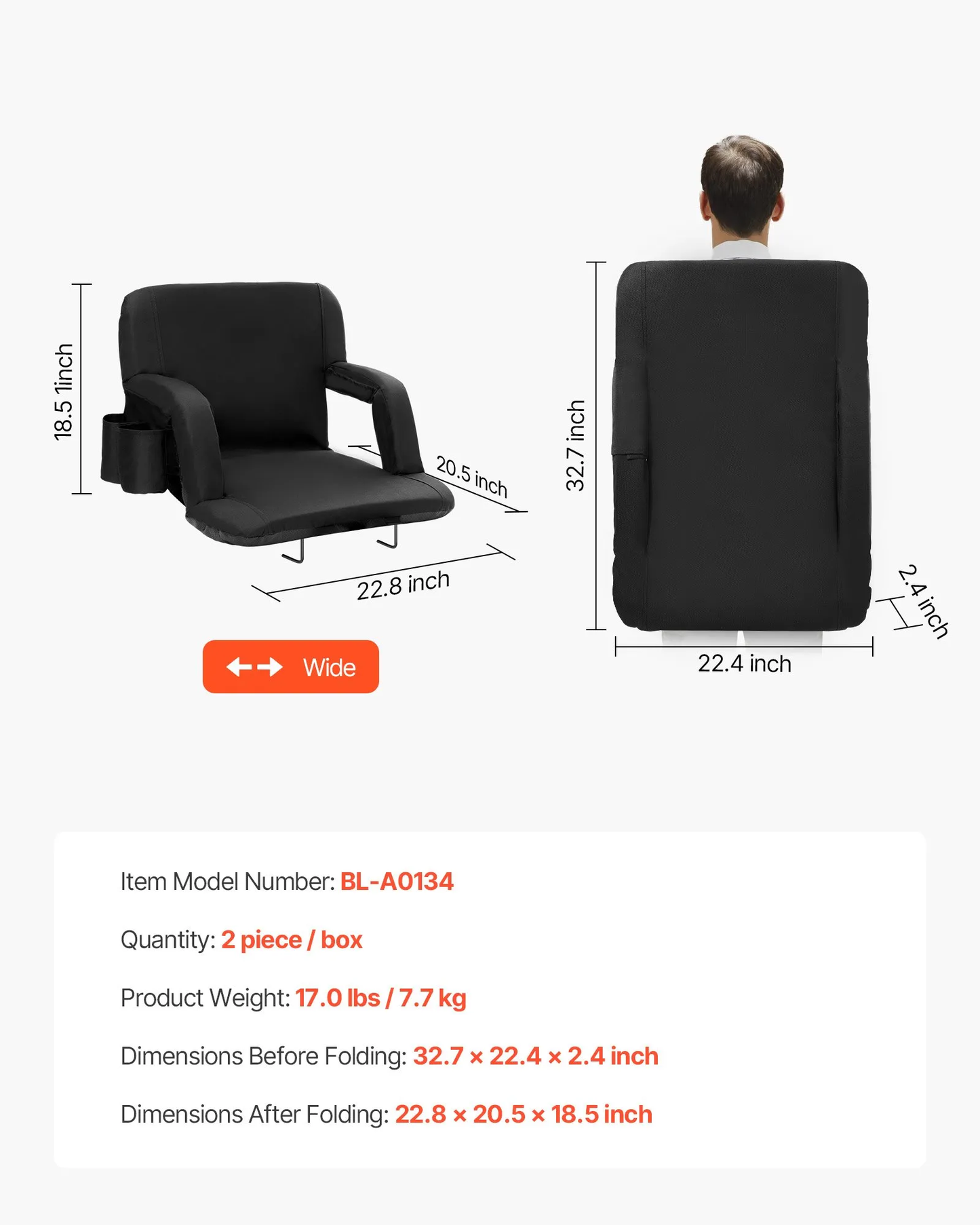 VEVOR Stadium Seat with Back Support, Wide Bleacher Seat Backs, Folding Padded(2 Set),-$55