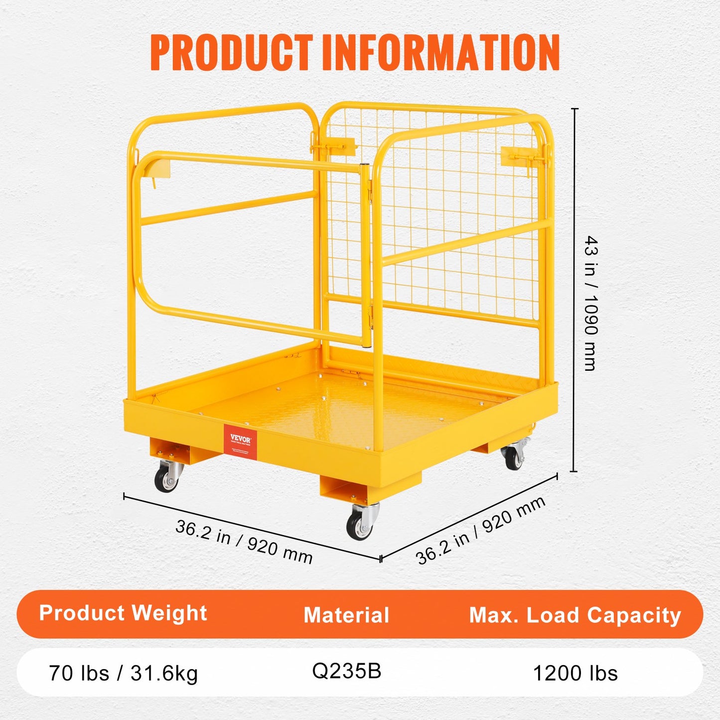 BNIB-VEVOR Forklift Safety Cage, 1200 lbs Load Capacity, 36 x 36 inches Folding Forklift Work Platform,-$220
