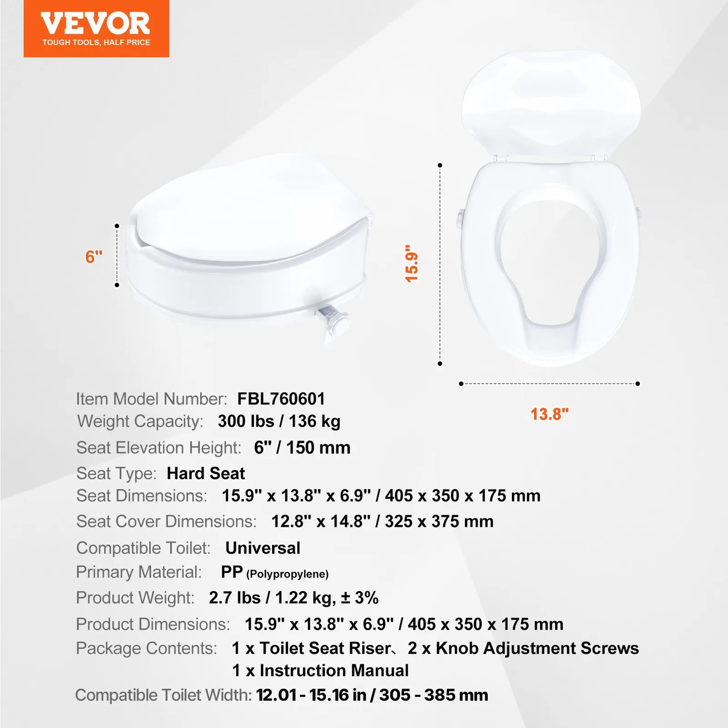 VEVOR Raised Toilet Seat, 6" Height Raised, 300 lbs Weight Capacity, Universal Toilet Seat Riser,-$30