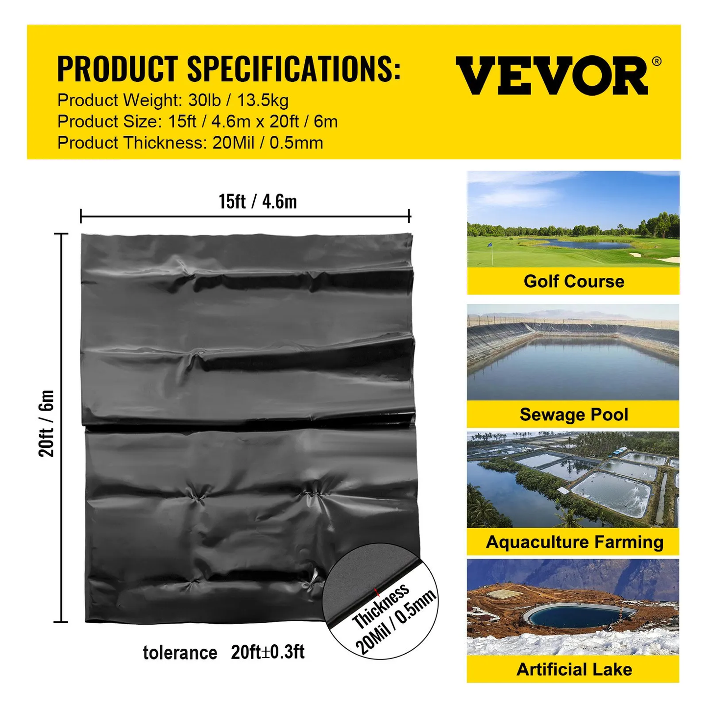 VEVOR LLDPE Pond Liner 15x20 ft, Pond Liner 20 Mil, Fish Pond Liners for Waterfall, Pond and Fish Ponds,-$65