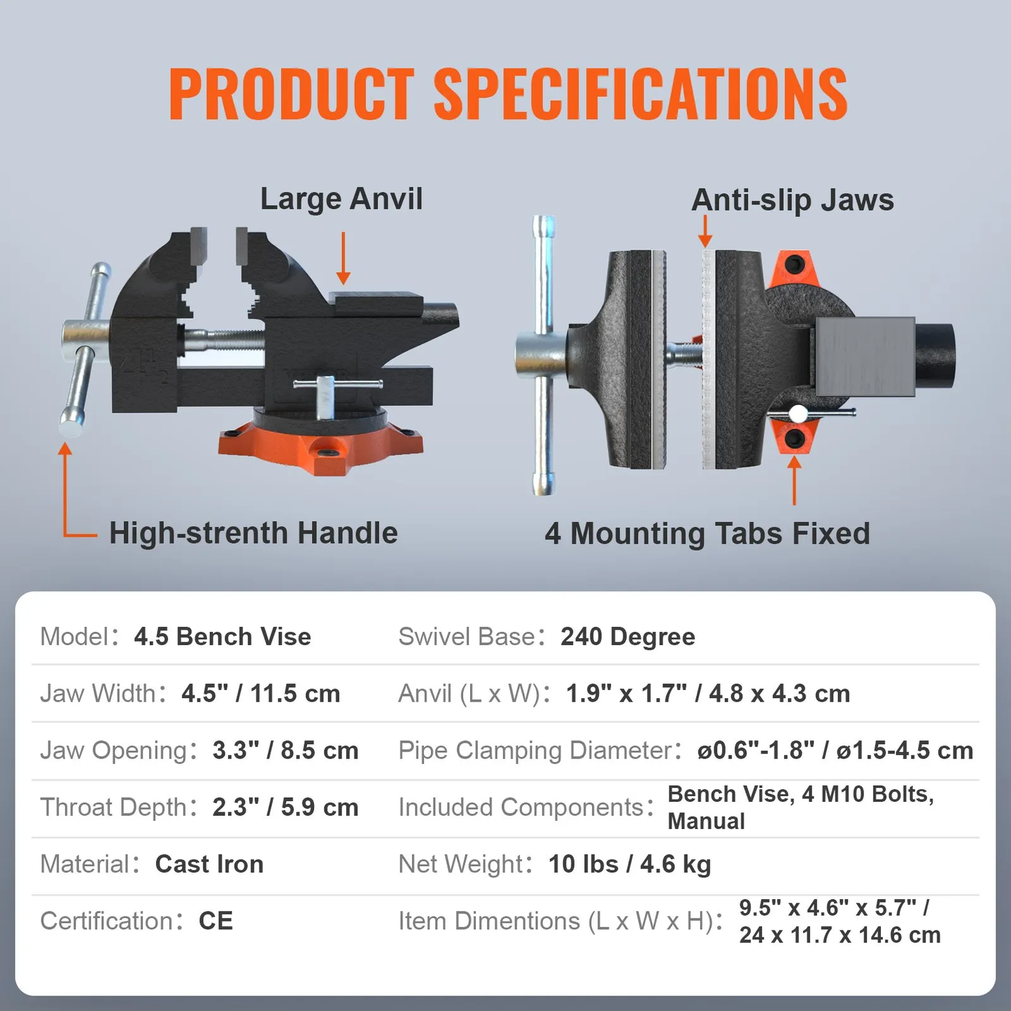 VEVOR Bench Vise, 4.5-inch Jaw Width 3.3-inch Jaw Opening , 240-Degree Swivel Locking Base,-$30