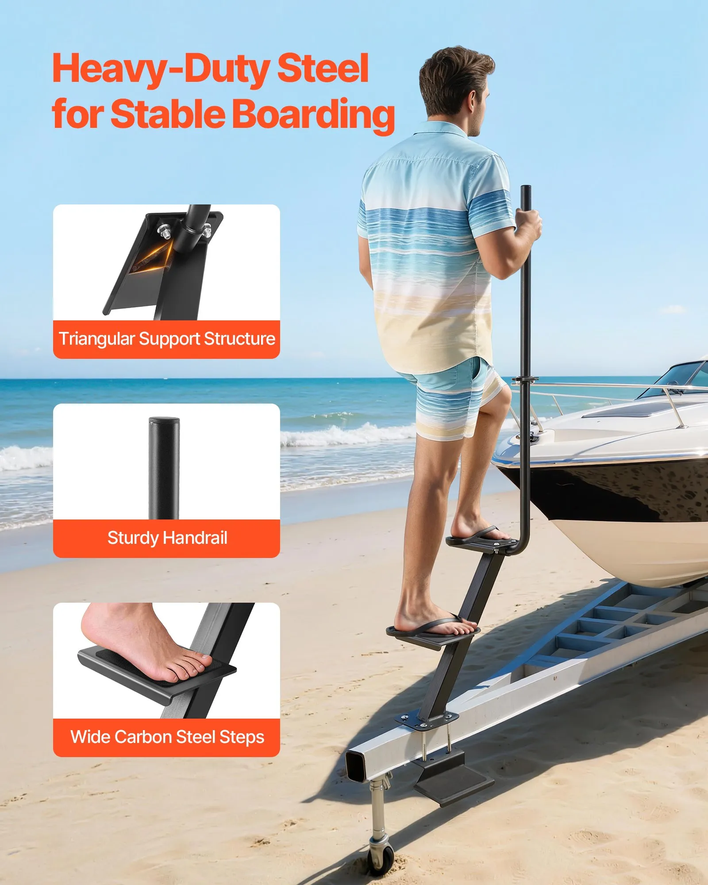 VEVOR Boat Trailer Steps, 3-Step, Heavy-Duty Boat Trailer Steps with Handle, Non-Slip Surface,-$75