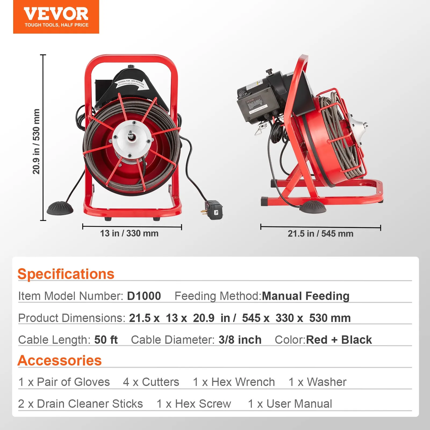 OPen Box VEVOR Drain Cleaner Machine 50FT x 3/8 Inch, Sewer Snake Auger Manual Feed, 250W Electric,-$200