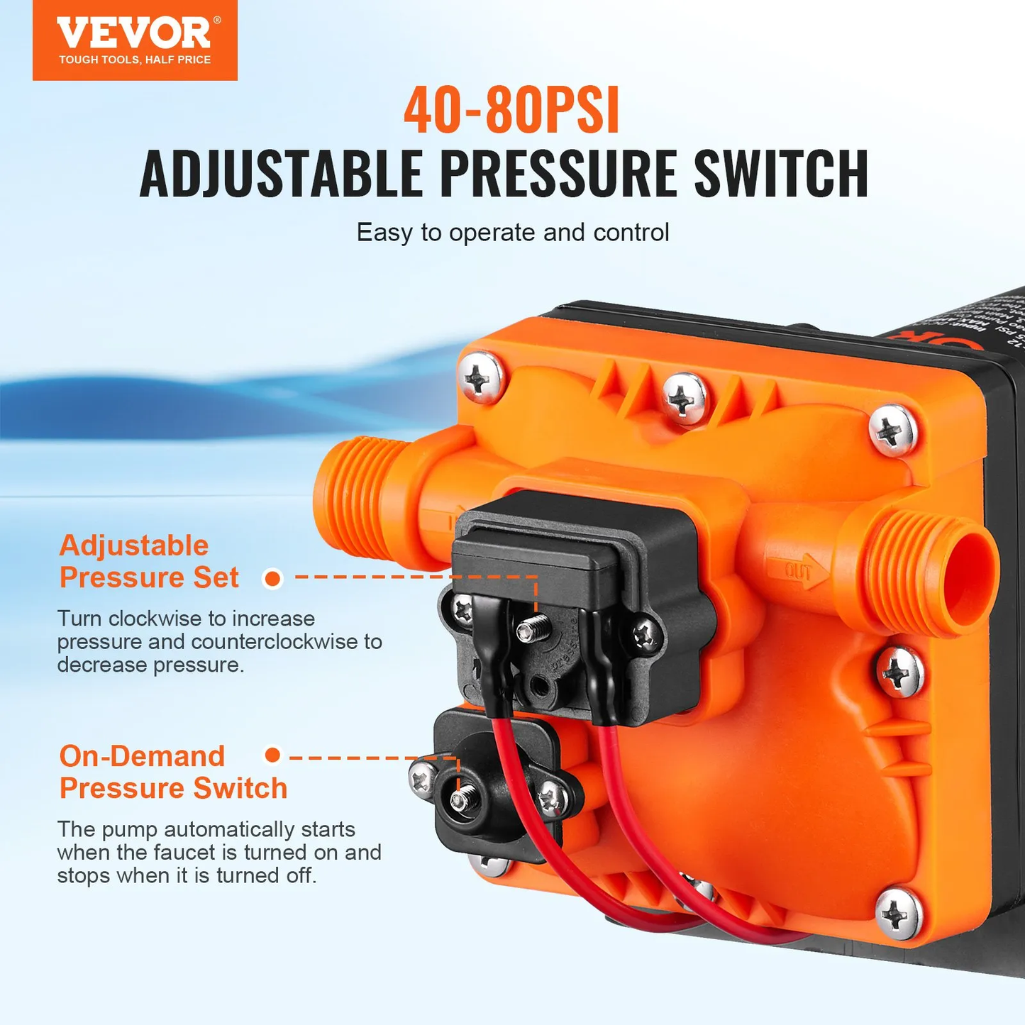 VEVOR Water Diaphragm Pump, 12V DC, 3.5 GPM Flow, 55 PSI Rated Pressure (40-80 PSI Adjustable),-$50