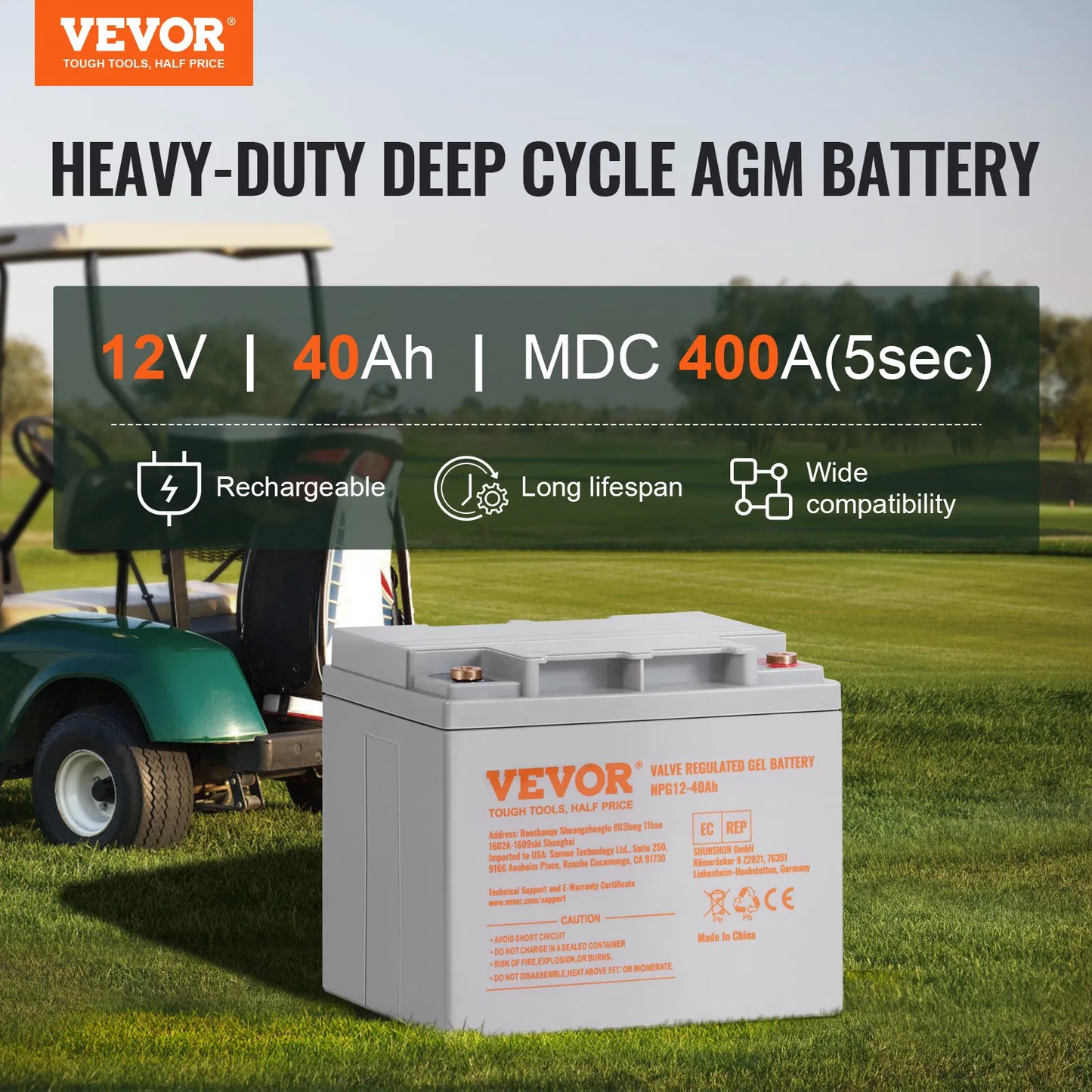 VEVOR Rechargeable AGM Marine Battery, 12V 40AH, with 400A Discharge Current,-$70
